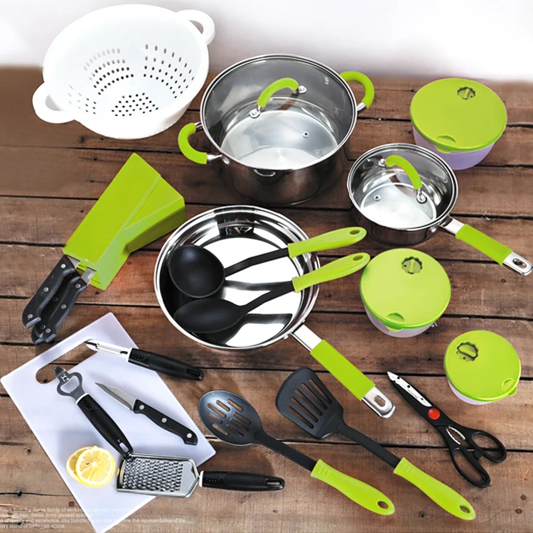 
24Pcs Kitchen Colorful Stainless Steel Cookware Set With Knife Set and Nylon Cooking Accessories Tools 