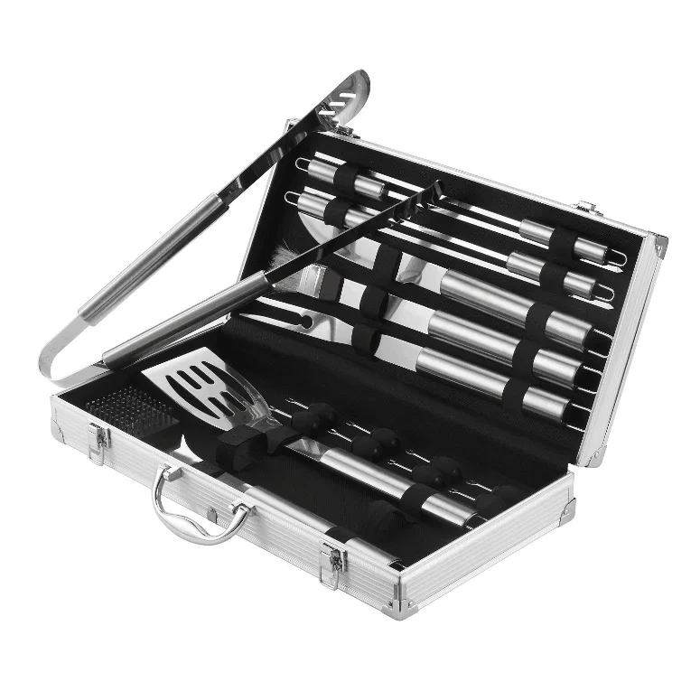 18 PCS Stainless Steel BBQ Grill tools Accessories BBQ Tool Set Barbecue Utensils Portable Aluminium Case For Outdoor camping