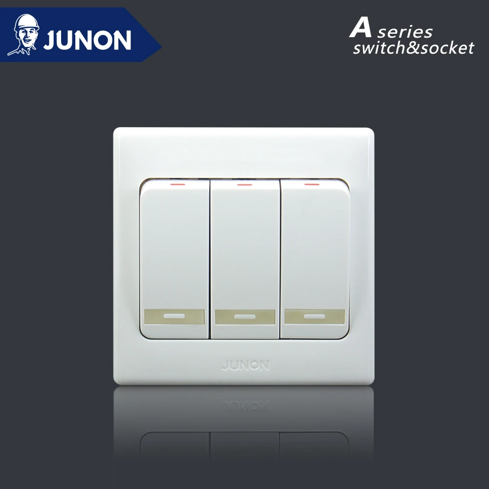 JUNON High Quality Switch Socket Hot Selling Big button 3 Gang 1/2 Way Electric Switch