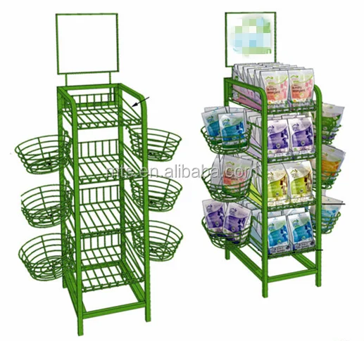 Promotional Metal Wire Display Stand Supermarket Basket Display Rack 4 Tier Food Display