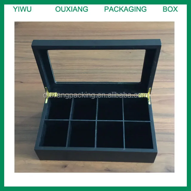 matte black lacquer finish 8 compartments wooden tea bags display box with glass lid