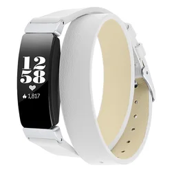Extra Long for Fitbit Inspire/Inspire HR Wrist Strap Stainless Steel Silver Black Buckle Double Tour Leather Watch Band