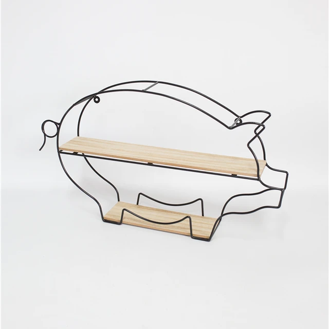 Hot Sale 2 Tier Rustic Farmhouse Pig Shaped Decorative Metal Framed Rack Wooden Wall Mounted Display Shelf
