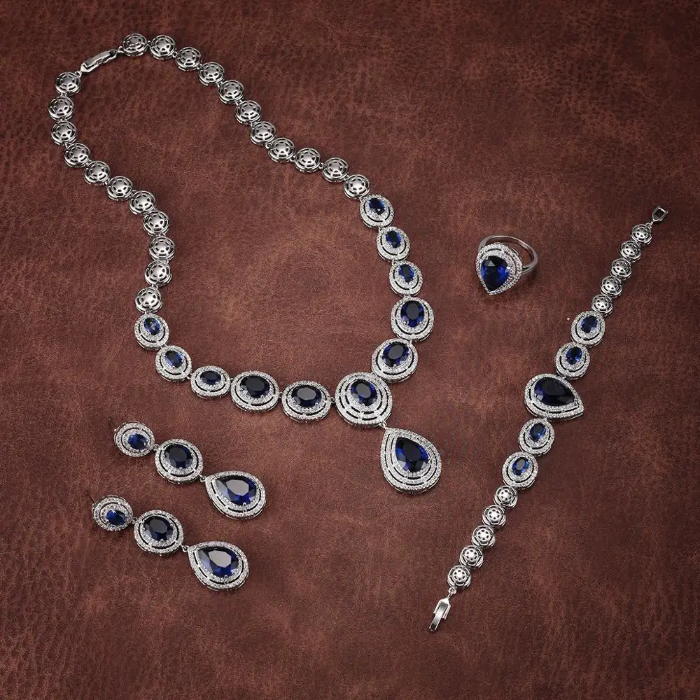 Luxury Blue Sapphire CZ Necklace Earrings Jewelry Set Women Bridal Blue Oval Cubic Zirconia Jewellery Set