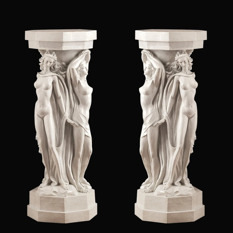 Home Decoration Use White Marble Carved Pedestal Three Nude Lady Marble Base