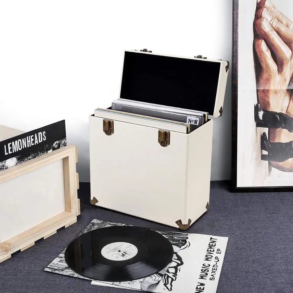 
Victorlia Vintage Retro Vinyl Leather Record Storage Carrying Case for 45+ Records (Dust/Scratch Free) - Cream-12Inch 