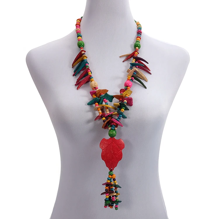 Wholesale Multi Color Coconut Shell Bohemian Necklace for Women Knit Handmade Wood Beads Ethnic Long Tree Leaf Pendant Necklace
