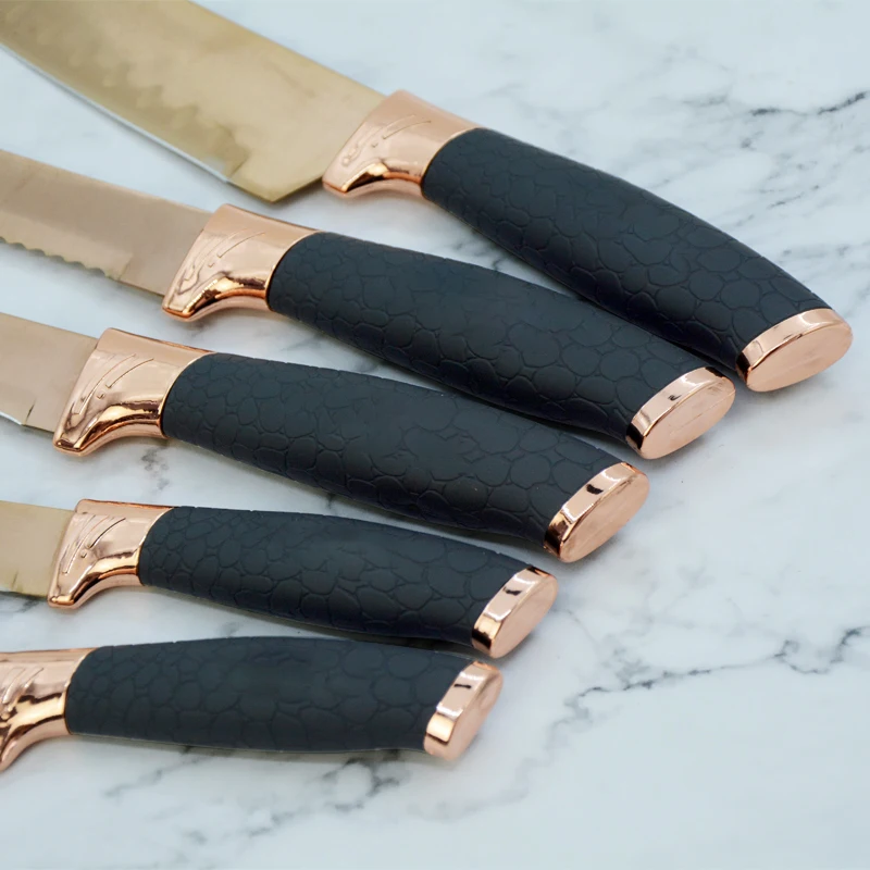 High Quality Stainless Steel Coating Rose Gold 5pcs Kitchen Chef Knife Set With Black TPR Handle
