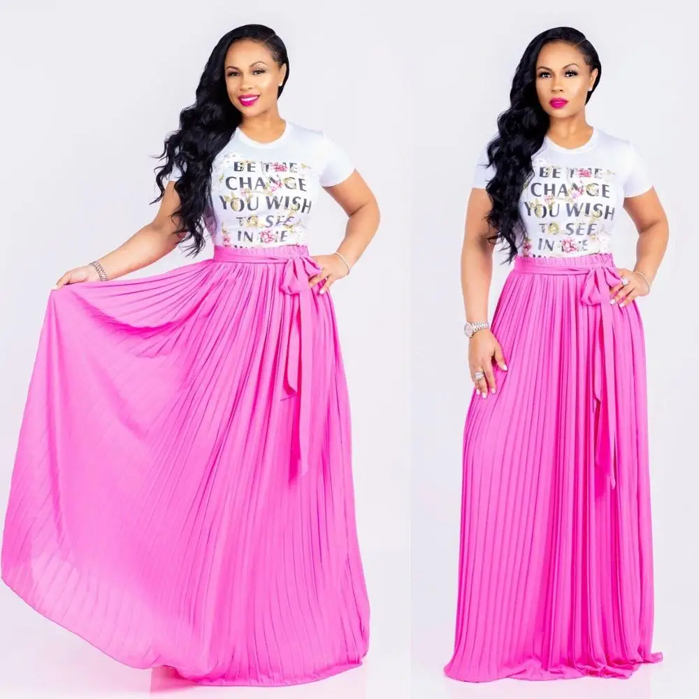 Wholesale women soild color long pleated chiffon skirts high quality crepe chiffon skirt with waist strap