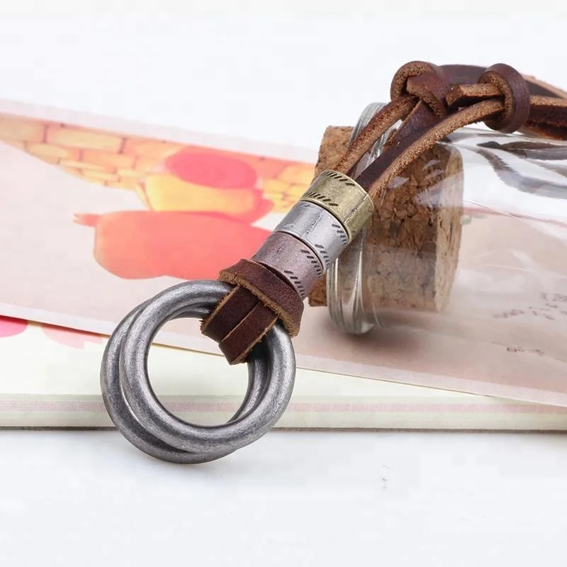 Vintage 2 rings pendant leather cord necklace wholesale Real leather rope necklace with alloy pendant