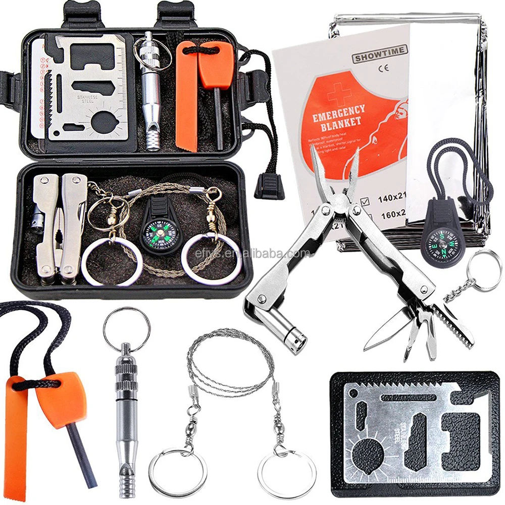 Outdoor 6 in 1 survival kit,Emergency camping gear kit with Multi-function tool Fire starter Flashlight