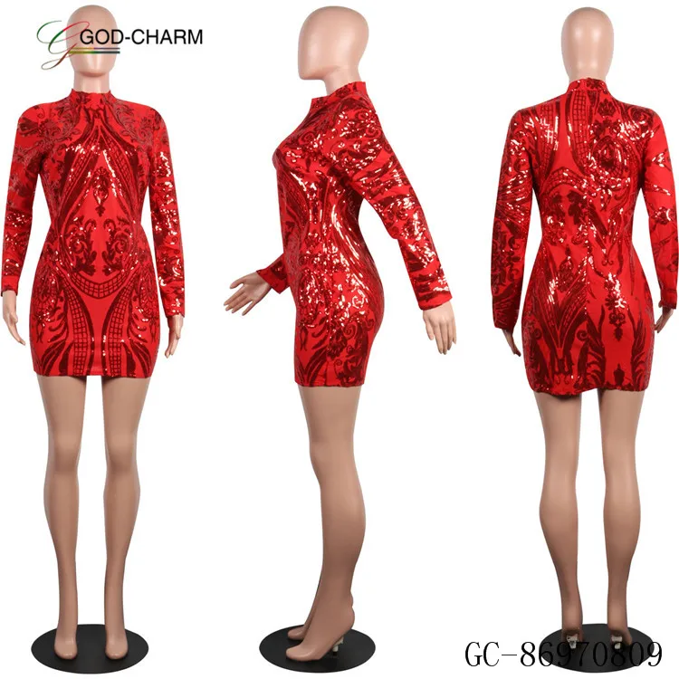 *GC-86970809  2022 new arrivals design woman embroidery Wholesale  sexy sequin long sleeve fashion bodycon club party mini dress