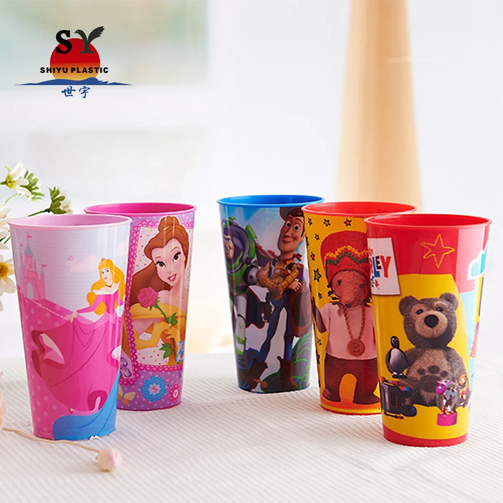 Low price 550ml cartoon snack reusable flower stackable branded 3d reusable kids drinking plastic cup with lids and straw
