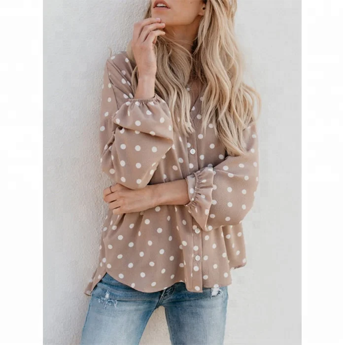
Wholesale Personalized Ladies Apricot Polka Dot V-neck Shirt 