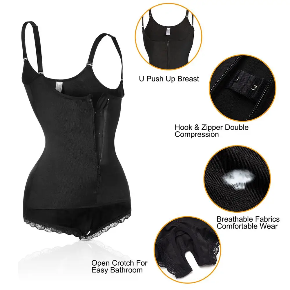 Women latex shapewear lace bodysuit tummy control waist trainer corset open crotch plus size zipper body suit shaper