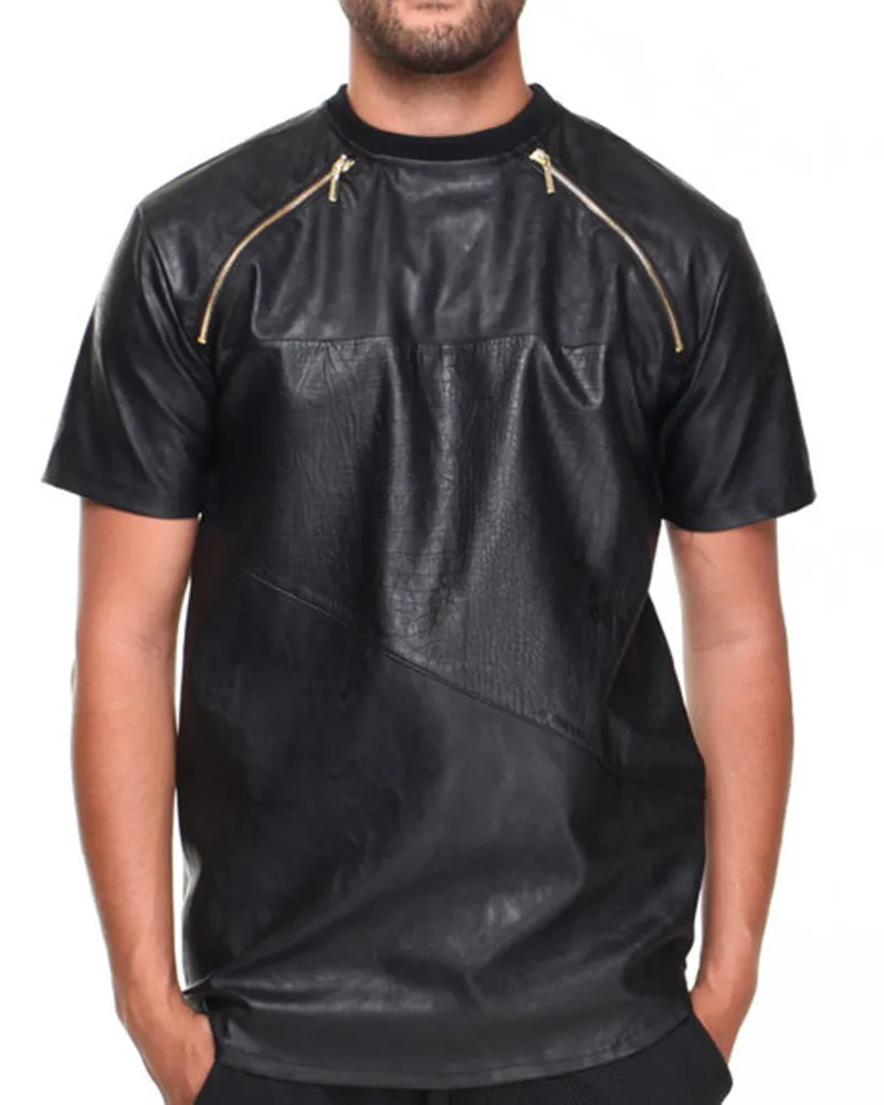 Cool style men leather tees t shirt with zipper front