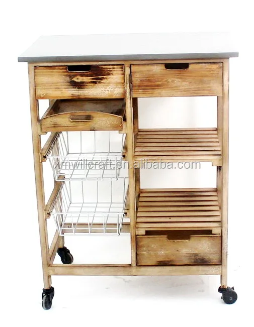 
kitchen wooden trolley with basket and tray 3 drawers Food Trolley Cart 