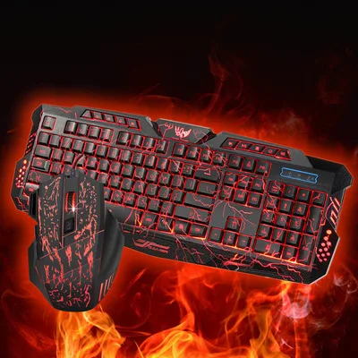 J10 USB cracked colorful three color backlight wired game keyboard set seven color luminescence game mouse keyboard