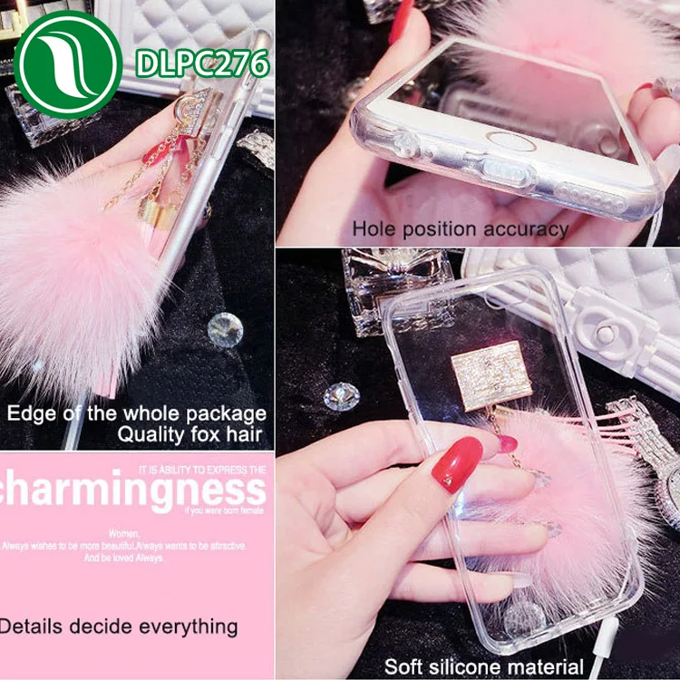 Luxury fox plush ball phone case Bling diamond Clear Soft TPU fur ball case for iPhone 6
