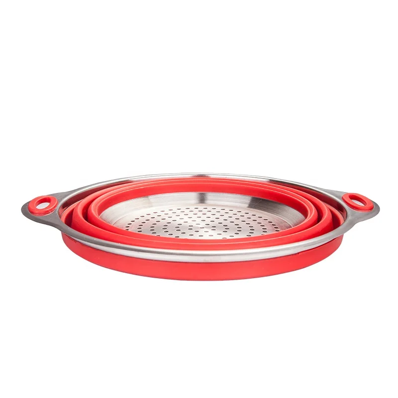 NEW DESIGN foldable silicone stainless steel collapsible colander vegetable kitchen strainer