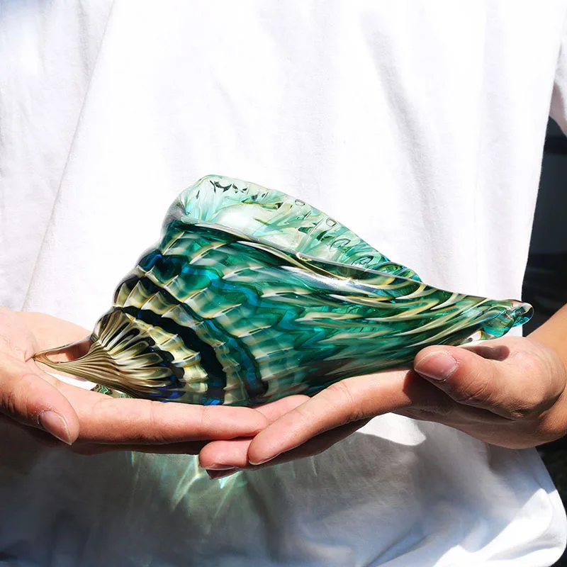 H&D Handmade Blue-Green Conch Art Glass Blown Ornaments For Home Office Decoration Creative Gift