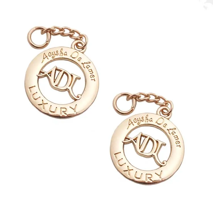 Factory price embossed round shaped brand logo custom metal hanging tag plates labels for clothes