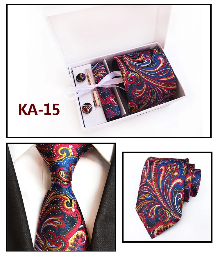 Wholesale Mens silk tie pocket square cufflinks tie clip gift set with gift box