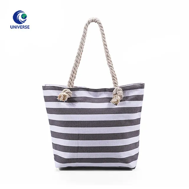 Wholesale Women Thick Striped Fabric Long Strap Big Shoulder Beach Canvas Tote Bag With Rope Handle