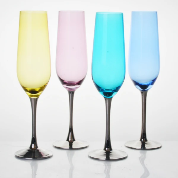 
Wholesale colorful champagne glasses flute with silver long stem 