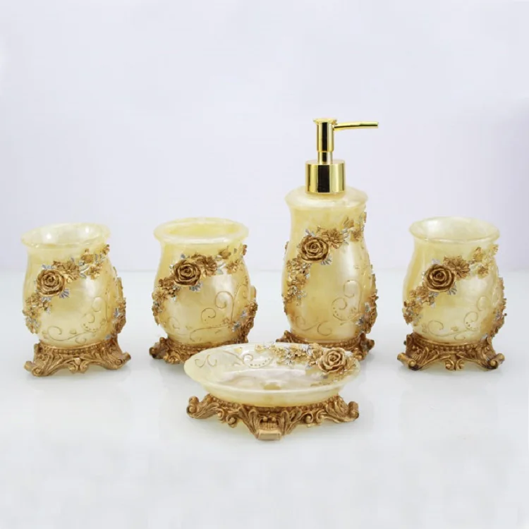 Flower Pattern Bathroom Product Blue Color Polyresin Accessory Bath Sets