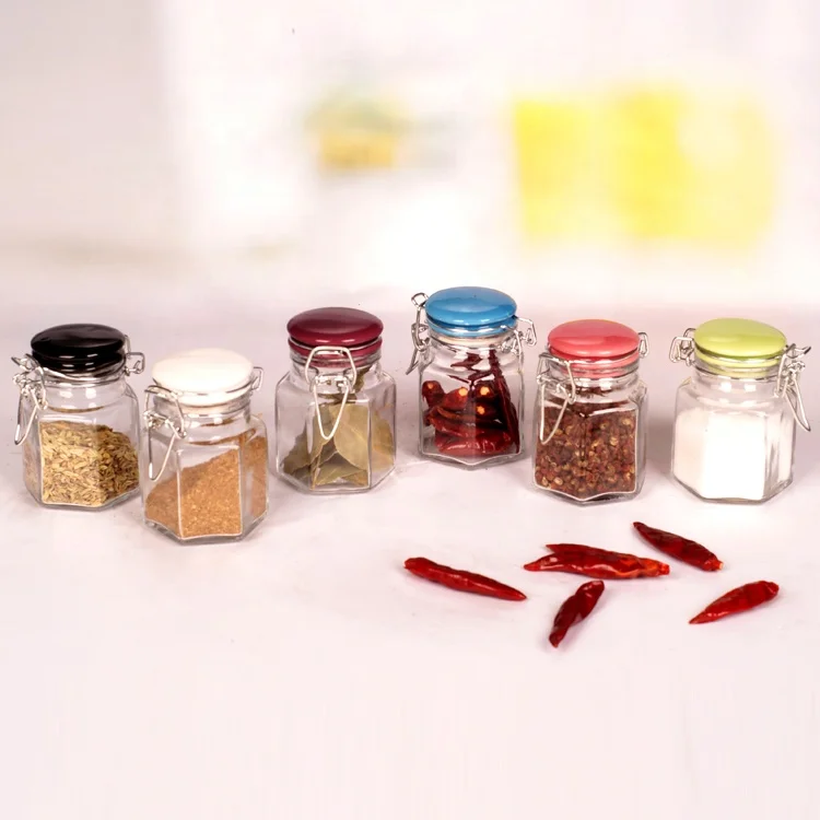 
hexagon glass honey jar with ceramic lid 