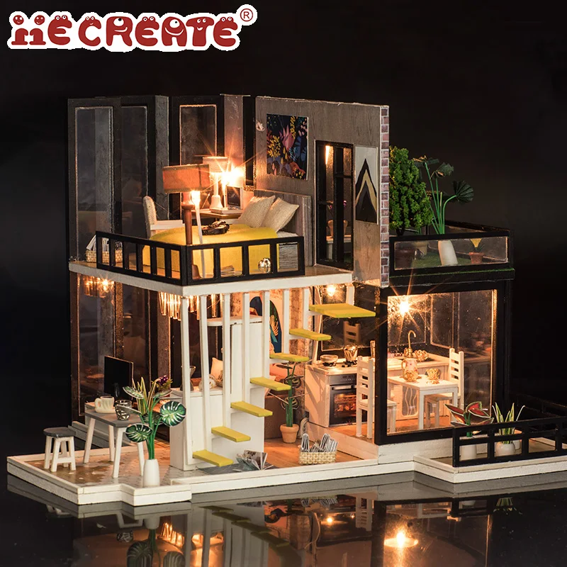 IIECREATE DIY Miniature House Kit for Kids LED Light Cardboard Dolls House with Wood Furniture 3D Accessories Set Model Building