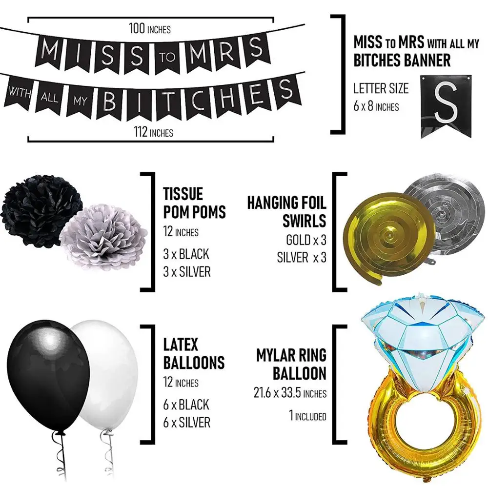
Bachelorette Party Decorations Set Engagement Bridal Shower Supplies Kit Miss to Mrs Banner Swirls paper Pom Poms black gold 
