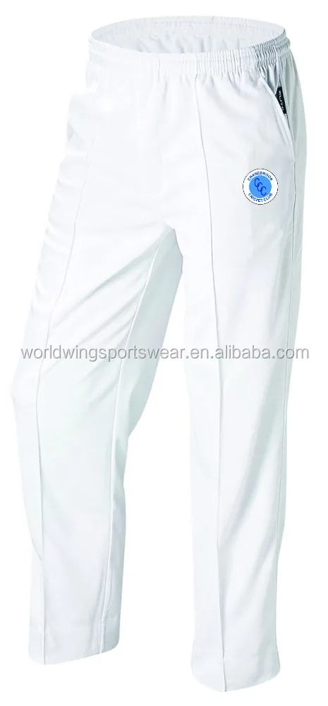 Mens plain white 100% polyester cool dry lightweight eyelet with embroidered logo on front left leg sports cricket pants