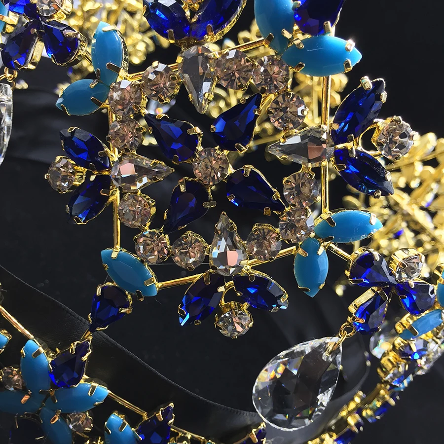 Full Round Crown Miss World Tiara Pageant Blue Stone Tall Crown
