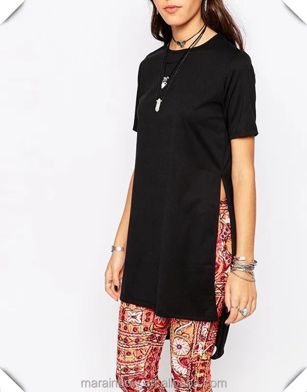 95% Cotton 5% Spandex Solid Black Womens T Shirt Dress Longline Tunic T-Shirt With Split Side Detail
