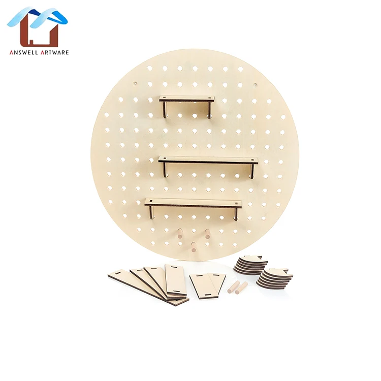 Home Adjustable Wall Decoration Organizer Display Stand Round Wooden Pegboard Painted Custom Pine ASW20190529 Wooden,wood