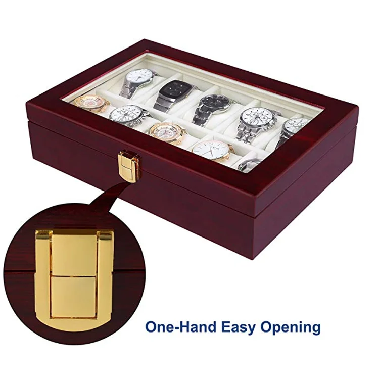 
Cherry Watch Display Case Storage Organizer Large Glass Top Boxes For Watches 