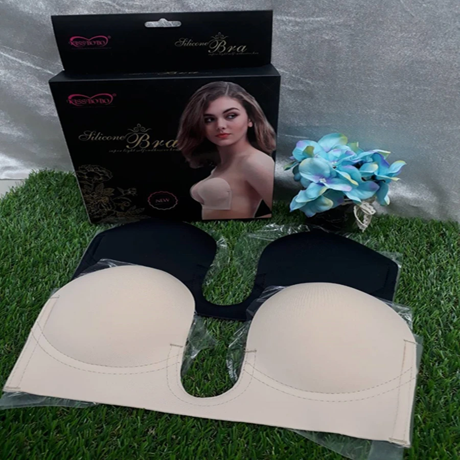 One piece Deep V shape Self Adhesive Strapless Push UP Invisible Silicone breast U plunge free bra WB018