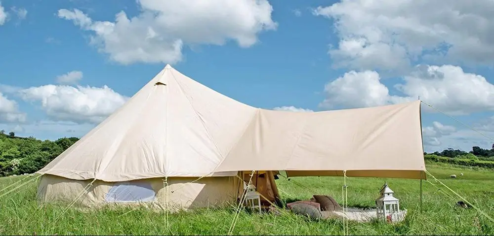 Customized Glamping Luxury Canvas Bell Tent Outdoor Hunting Stretch Awning Bell Teepee Canvas Tent with Jacket Stove
