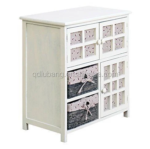 Wooden Storage Cabinet Beige Wicker Sideboard Drawers Cupboard Vintage Furniture