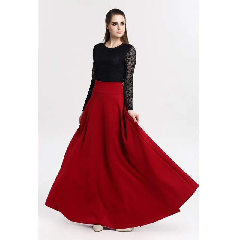 5XL Plus Size High Waist Pleat Elegant Skirt Red Black Blue Solid Color Long Skirts Women