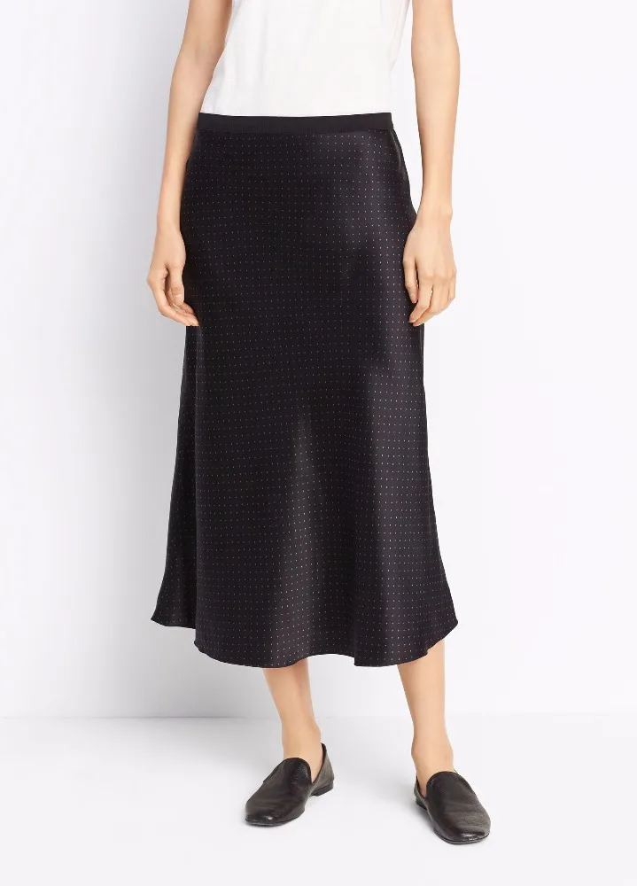 European Style Black Polka Dot Women High Waist A Line Silk Satin Skirt