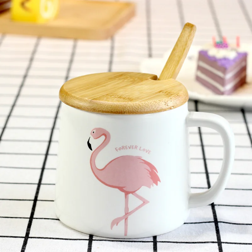 Flamingo Milk Mug with Lid Spoon Cute Ceramic Creative Coffee Mugs Porcelain Tea Cup Home Office Drinkware Gifts