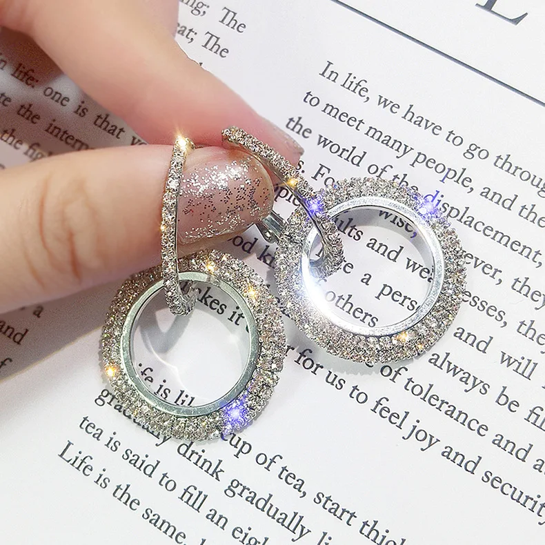 S925  Sterling Silver needle ear nail  Long circle AAA cz earrings statement   big round earrings
