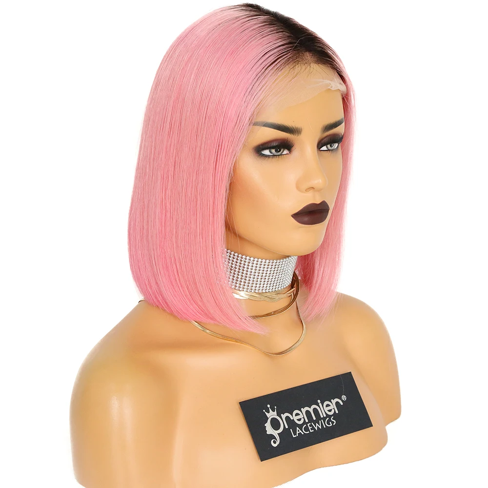 Ready to Ship  Virgin Brazilian Remy Human Hair Ombre natural to pink color Bob Cut pink lace wig Lace Frontal Wig