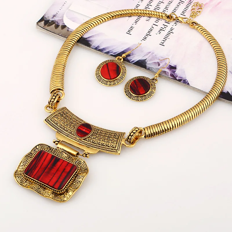 Vintage Gold Plated Statement Bohemian Simple Ethnic Geometry Gem Choker Collar Necklace Jewelry Sets