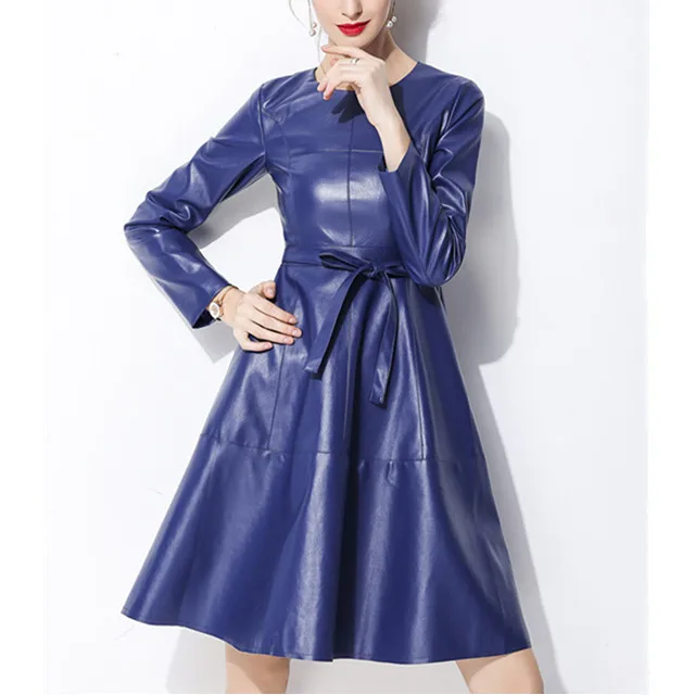 2019 Spring PU Office Lady Wear Midi Synthetic Leather Solid Casual Dresses for Women