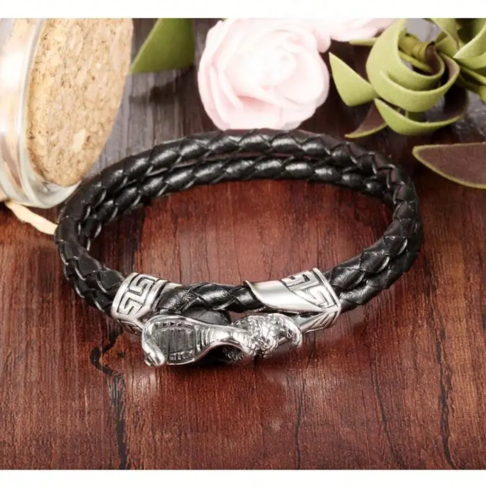 Wholesale Punk Style Men Double Braided Black Leather Snake Head Bracelet