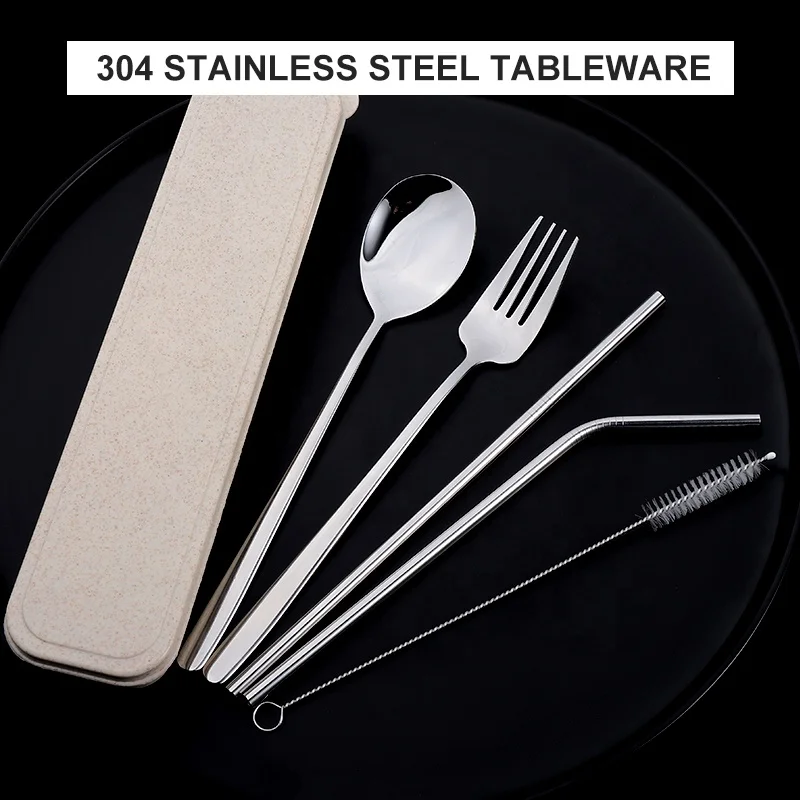 
5pcs Portable Luxury Stainless Steel Flatware Cutlery Sets with Wheat Gift box for Promotion 